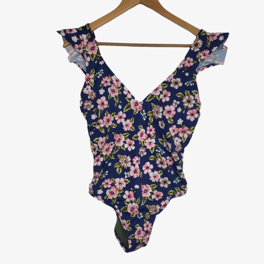 Beach Betty Blue Floral Ruffle Strap One Piece Swimsuit Small